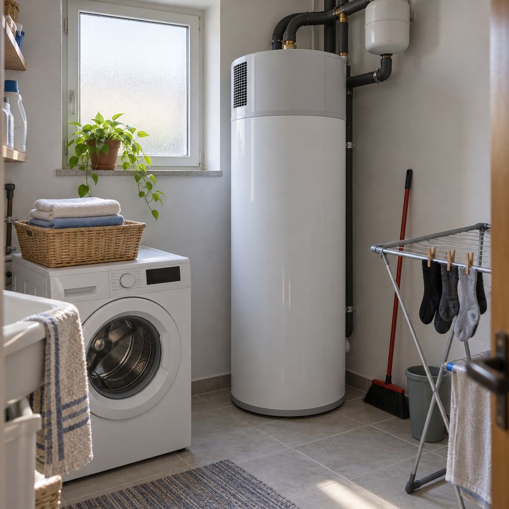 Scaldacqua a pompa di calore installato in una lavanderia di casa accanto alla lavatrice