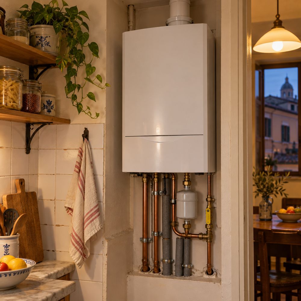 Caldaia murale a condensazione installata in una nicchia della cucina con tubazioni in rame