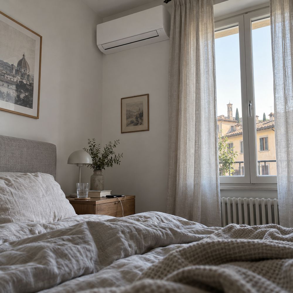 Climatizzatore monosplit bianco installato sopra la finestra di una camera da letto