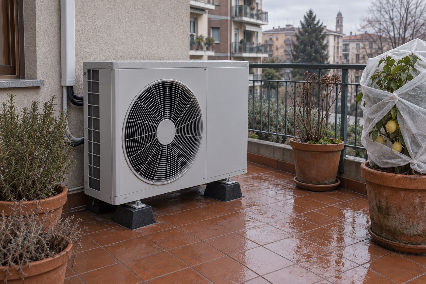 Unità esterna di una pompa di calore aria-acqua sul terrazzo di un condominio