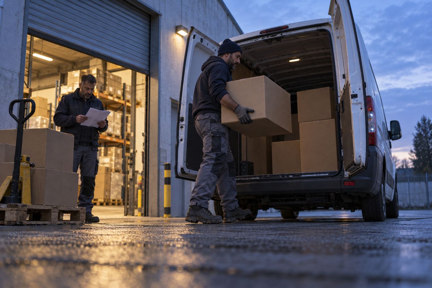 Furgone in carico davanti al magazzino all'alba
