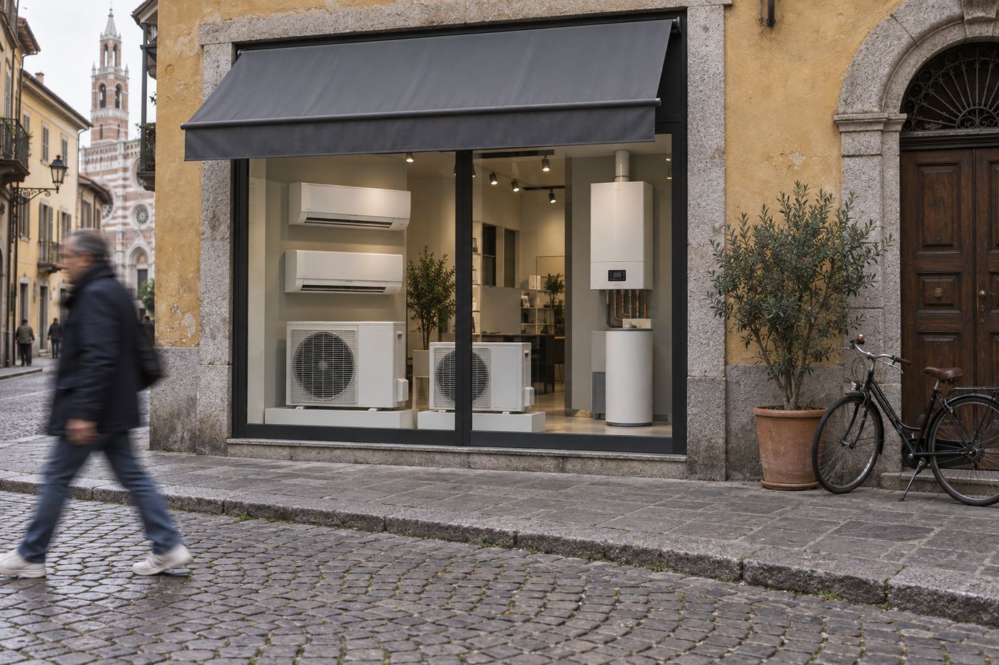 Vetrina dello showroom Caldaie Murali L in via Mazzini a Monza
