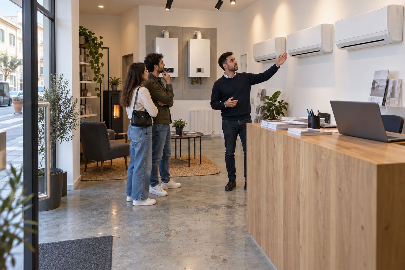 Showroom con climatizzatori a parete e caldaie esposte, un consulente spiega i modelli a una coppia