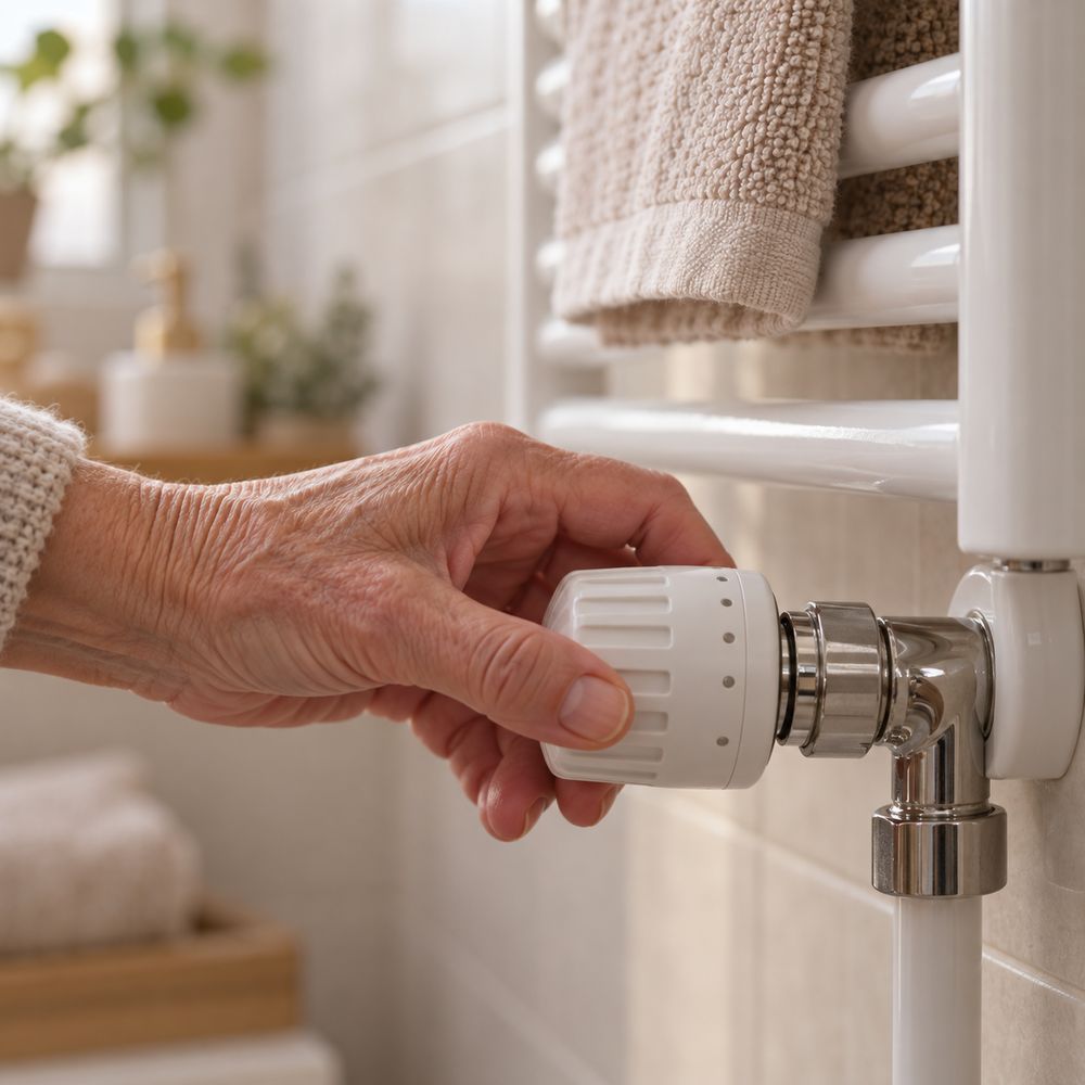 Mano che regola la valvola termostatica di un termoarredo